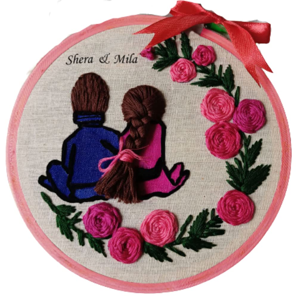 Customized Embroidery Hoop Gift for Birthday,Anniversary,Marriage,Return Gift,Farewell (Blue & Rose, Medium)