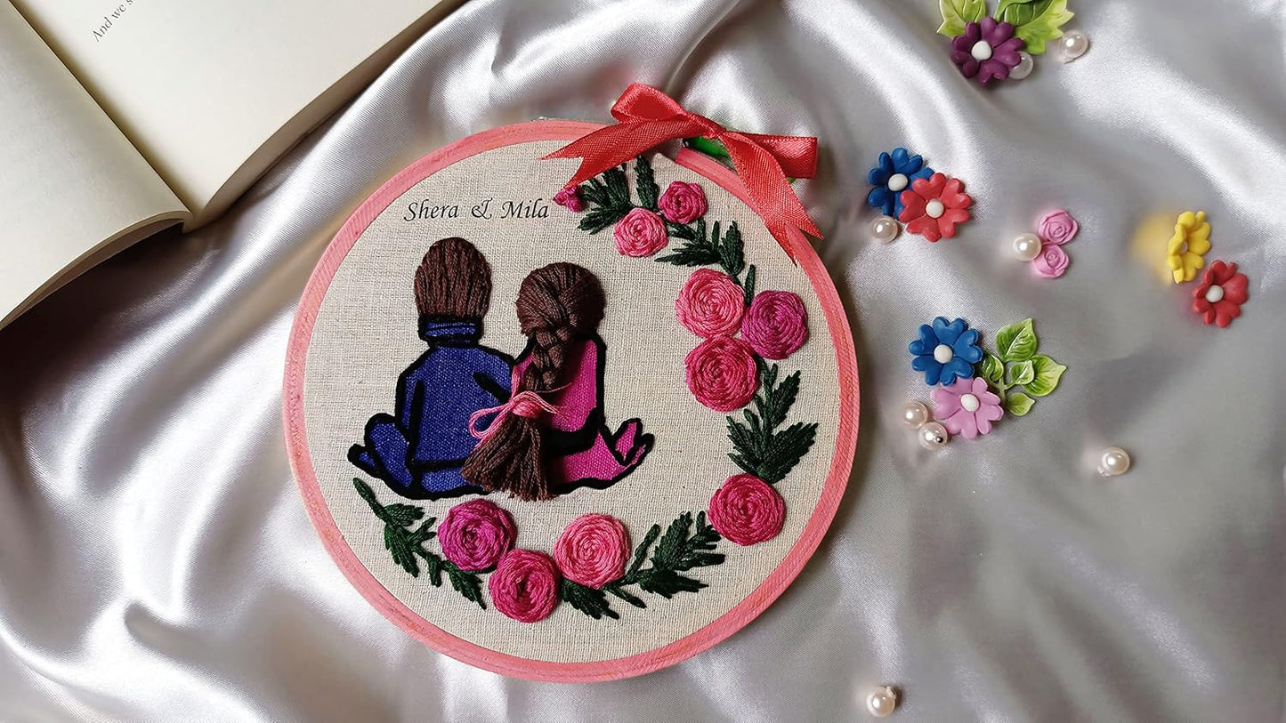 Customized Embroidery Hoop Gift for Birthday,Anniversary,Marriage,Return Gift,Farewell (Blue & Rose, Medium)