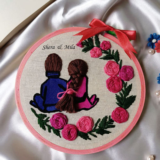 Customized Embroidery Hoop Gift for Birthday,Anniversary,Marriage,Return Gift,Farewell (Blue & Rose, Medium)